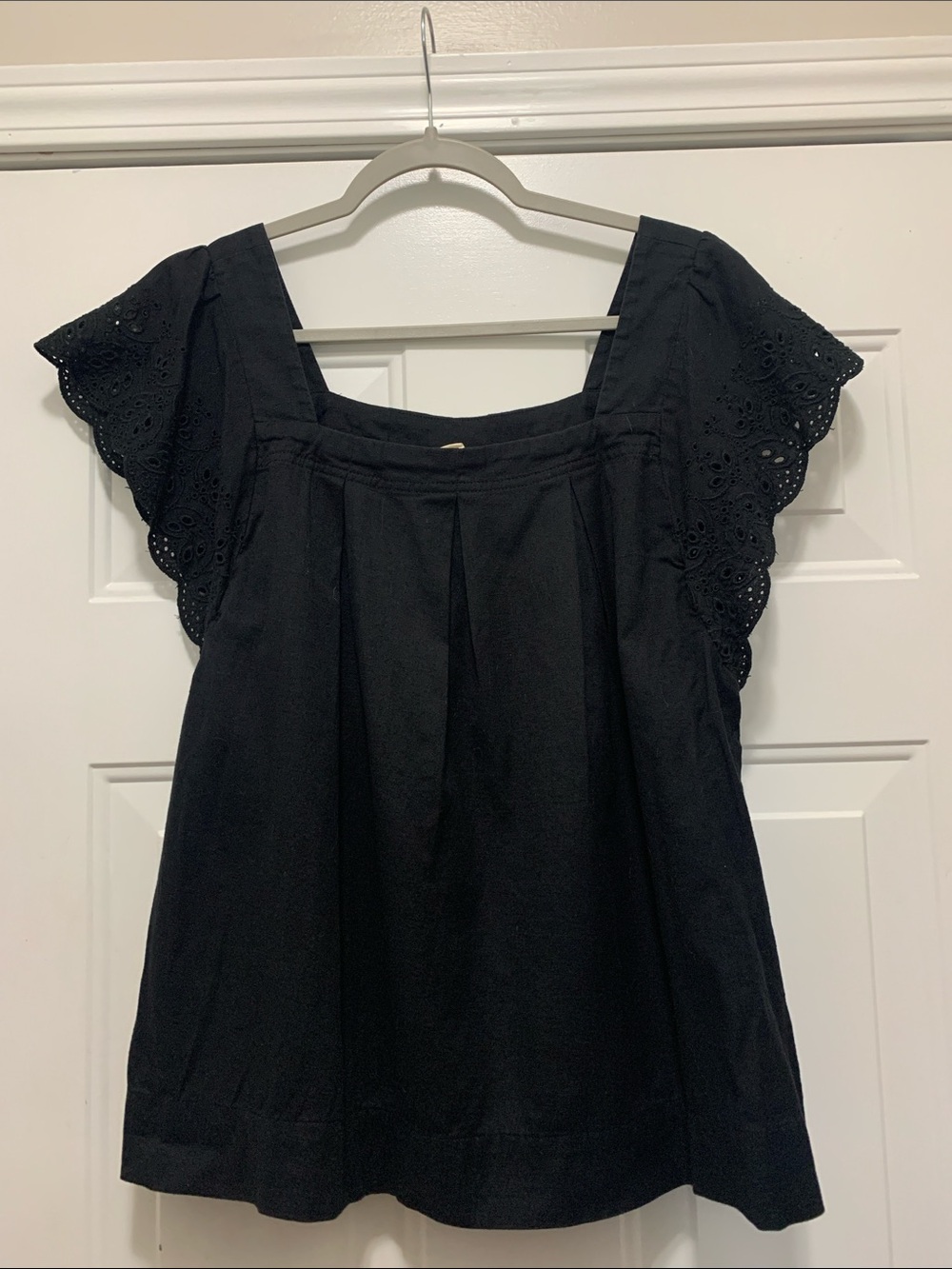 3/$15 a.n.a 100% Linen & Cotton Black Square-Neck Eyelet Flutter Sleeve Top